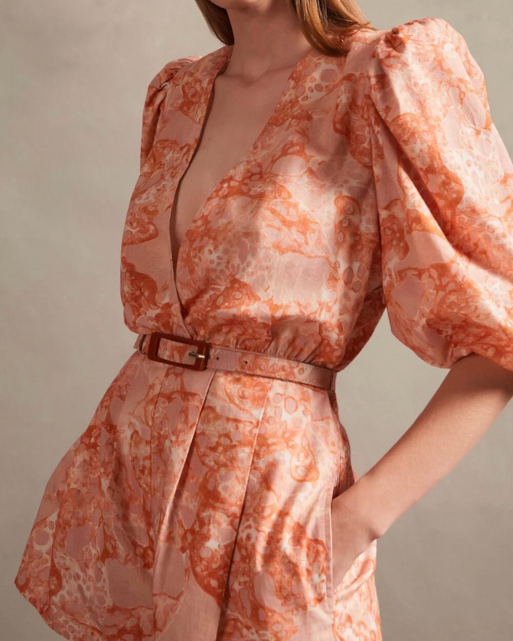 Orange Pink Adriana Degreas Bulles De Mer Puff Sleeve Playsuit S